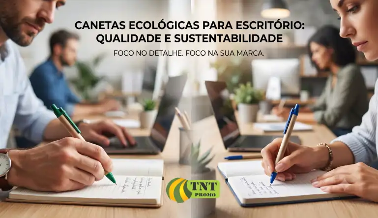 Banner de profissionais em escritório usando a caneta ecológica de papelão personalizada CA2200.